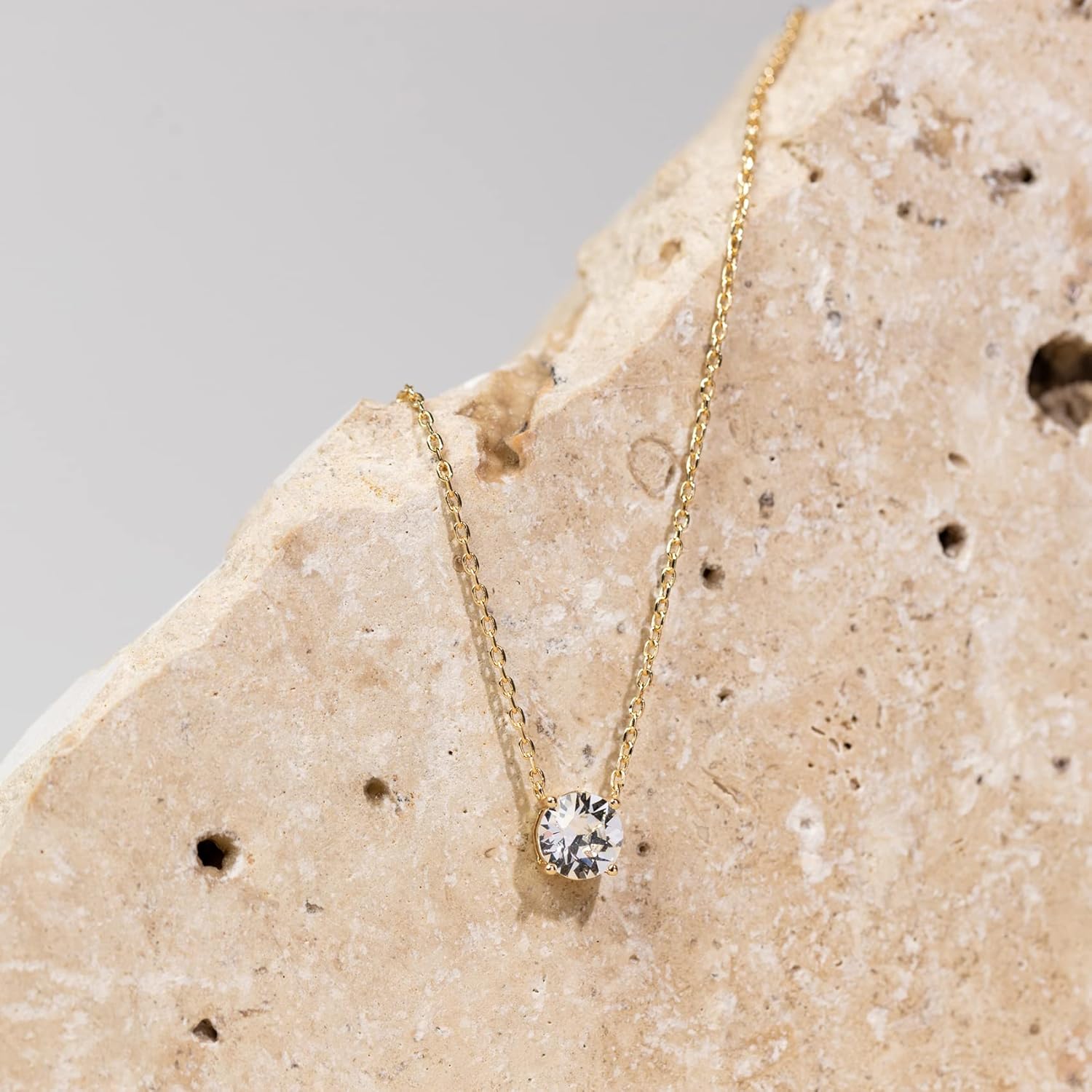 14K Gold Plated Crystal Solitaire 1.5 Carat (7.3mm) Cubic Zirconia Dainty Choker Necklace | Gold Necklaces for Women - Image 3