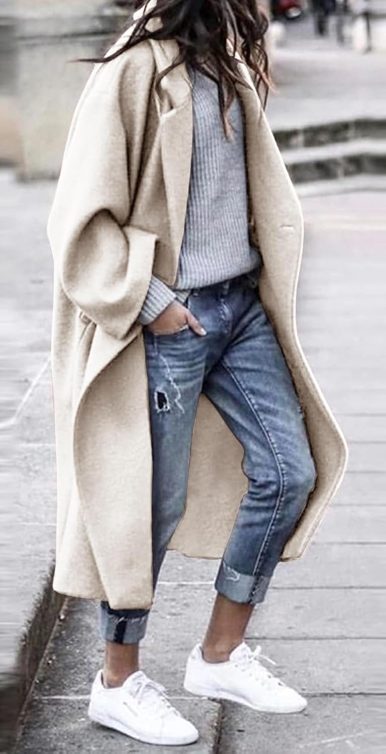 Women's Winter Wool Coat Notch Lapel Single Breasted Casual Mid Long Pea Trench Coat - Image 2